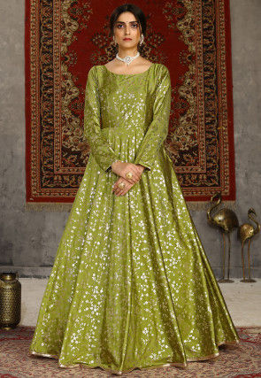 Foil Printed Taffeta Silk Gown in Olive Green