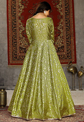 Foil Printed Taffeta Silk Gown in Olive Green
