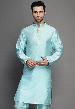 Foil Printed Trim Art Silk Kurta in Sky Blue