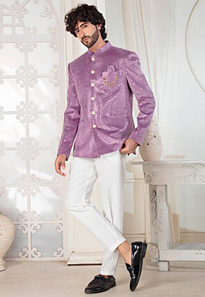 Foil Printed Velvet Jodhpuri Suit in Purple