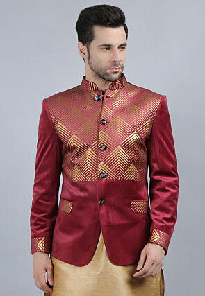 Foil Printed Velvet Nehru Jacket in Maroon