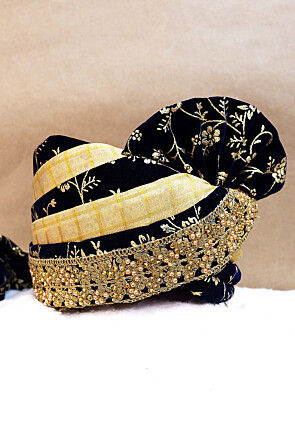 Foil Printed Velvet Turban in Navy Blue