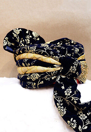 Foil Printed Velvet Turban in Navy Blue
