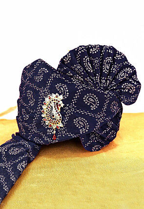 Foil Printed Velvet Turban in Navy Blue