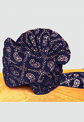 Foil Printed Velvet Turban in Navy Blue