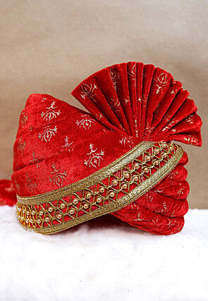 Foil Printed Velvet Turban in Red