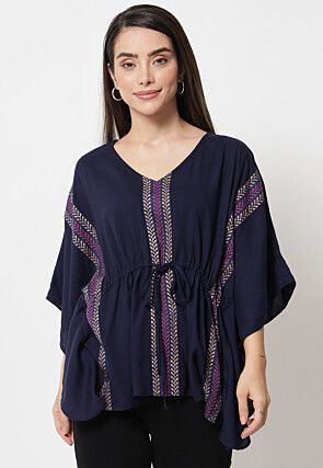 Foil Printed Viscose Clinched Waist Kaftan Top in Navy Blue