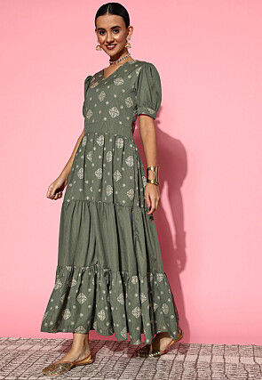 Foil Printed Viscose Jacquard Tiered Maxi Dress in Dusty Green