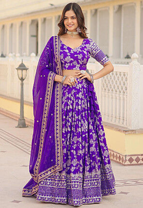Foil Printed Viscose Lehenga in Purple
