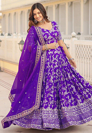 Foil Printed Viscose Lehenga in Purple