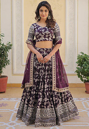 Foil Printed Viscose Lehenga in Wine