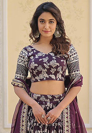 Foil Printed Viscose Lehenga in Wine