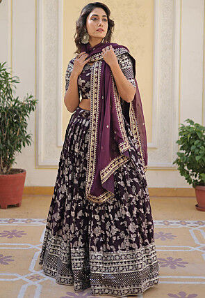 Foil Printed Viscose Lehenga in Wine