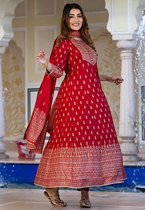 Foil Printed Viscose Rayon A Line Suit in Red