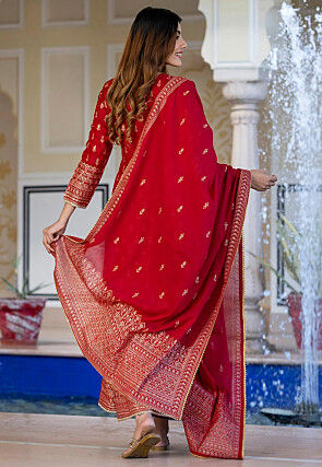 Foil Printed Viscose Rayon A Line Suit in Red