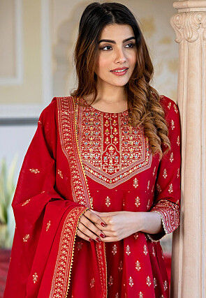 Foil Printed Viscose Rayon A Line Suit in Red