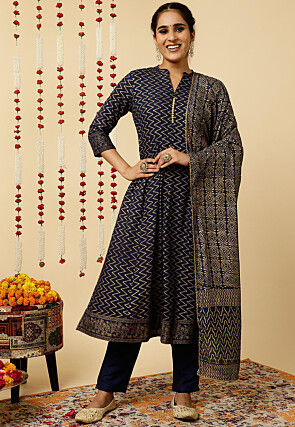 Foil Printed Viscose Rayon Anarkali Suit in Navy Blue