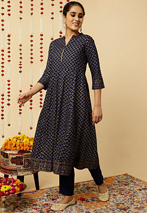 Foil Printed Viscose Rayon Anarkali Suit in Navy Blue