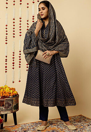 Foil Printed Viscose Rayon Anarkali Suit in Navy Blue