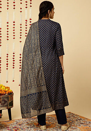 Foil Printed Viscose Rayon Anarkali Suit in Navy Blue