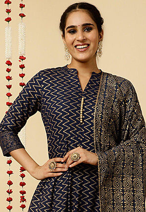 Foil Printed Viscose Rayon Anarkali Suit in Navy Blue