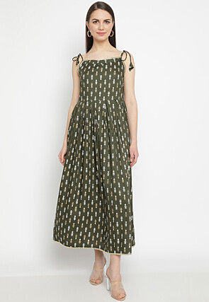 Foil Printed Viscose Rayon Flared Dress in Olive Green