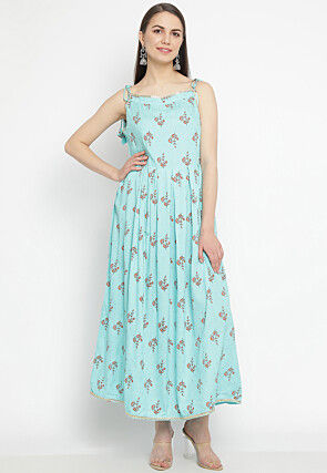 Foil Printed Viscose Rayon Flared Dress in Turquoise