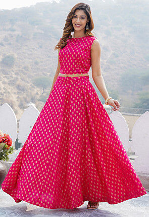 Foil Printed Viscose Rayon Lehenga in Fuchsia