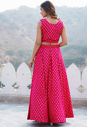 Foil Printed Viscose Rayon Lehenga in Fuchsia