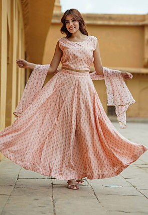 Foil Printed Viscose Rayon Lehenga in Light Peach
