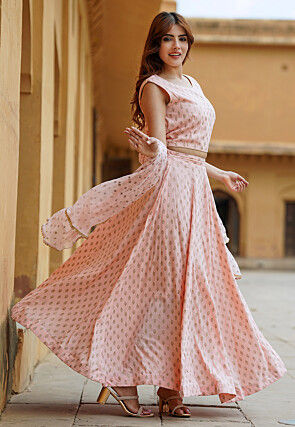 Foil Printed Viscose Rayon Lehenga in Light Peach