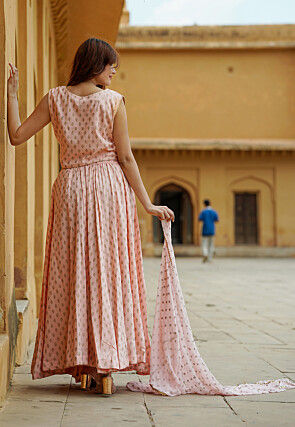 Foil Printed Viscose Rayon Lehenga in Light Peach
