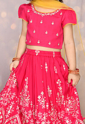 Foil Printed Viscose Rayon Lehenga in Magenta