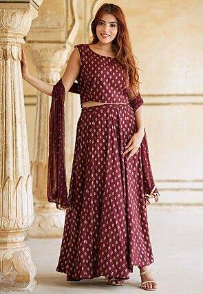 Foil Printed Viscose Rayon Lehenga in Maroon