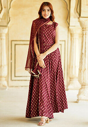 Foil Printed Viscose Rayon Lehenga in Maroon