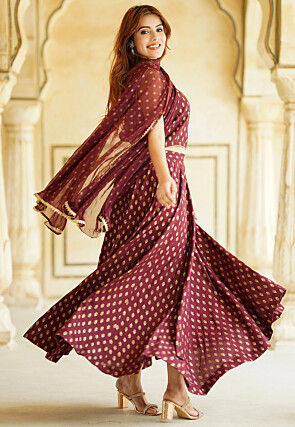 Foil Printed Viscose Rayon Lehenga in Maroon