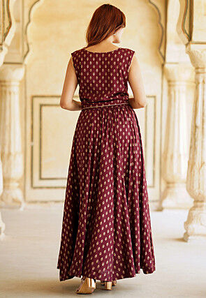 Foil Printed Viscose Rayon Lehenga in Maroon