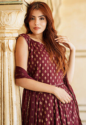 Foil Printed Viscose Rayon Lehenga in Maroon