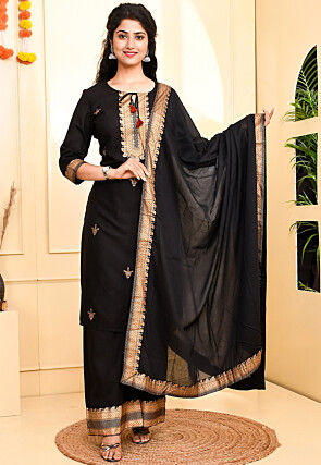 Foil Printed Viscose Rayon Pakistani Suit in Black