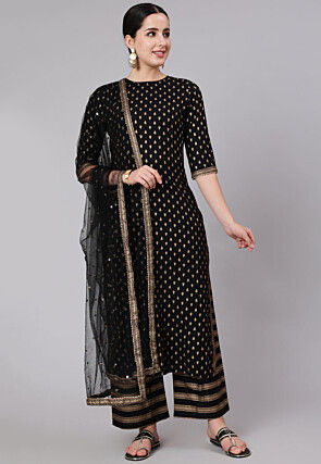 Foil Printed Viscose Rayon Pakistani Suit in Black