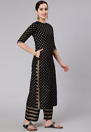 Foil Printed Viscose Rayon Pakistani Suit in Black