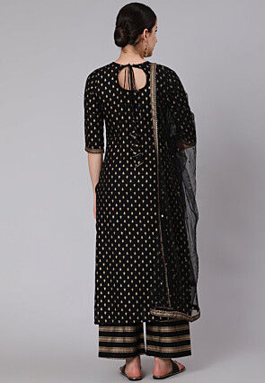 Foil Printed Viscose Rayon Pakistani Suit in Black