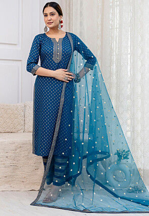Foil Printed Viscose Rayon Pakistani Suit in Blue