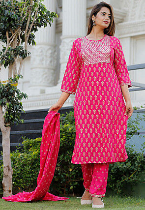 Foil Printed Viscose Rayon Pakistani Suit in Fuchsia