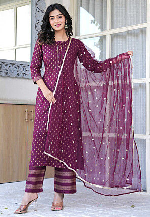 Foil Printed Viscose Rayon Pakistani Suit in Magenta