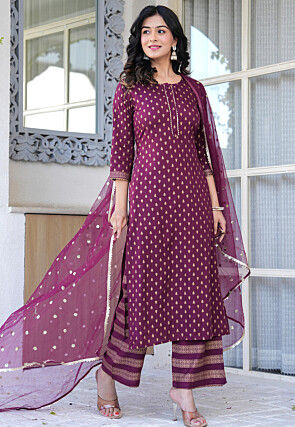 Foil Printed Viscose Rayon Pakistani Suit in Magenta