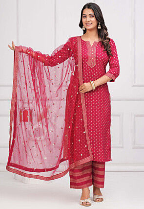 Foil Printed Viscose Rayon Pakistani Suit in Pink