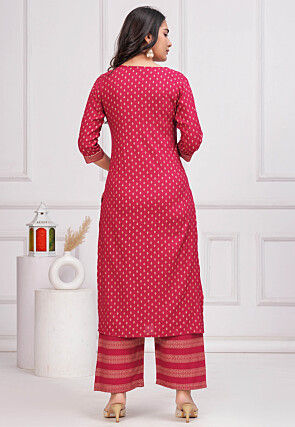 Foil Printed Viscose Rayon Pakistani Suit in Pink