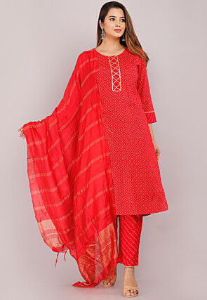 Foil Printed Viscose Rayon Pakistani Suit in Red