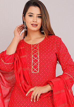 Foil Printed Viscose Rayon Pakistani Suit in Red
